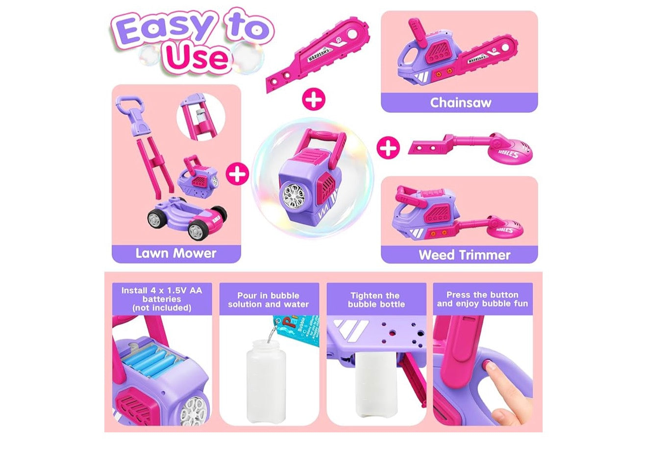 Bubble Lawn Mower for Kids Ages 3-8, 3-in-1 Bubble Machine with 10 Bubble